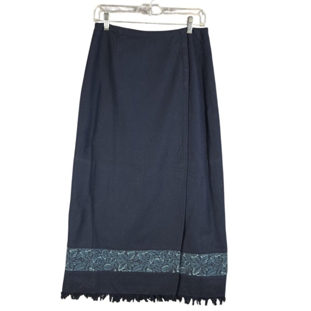 Cherokee Womens 8 Wrap Skirt Blue Floral Trim Fringe Lined Boho Alpine Retro VTG